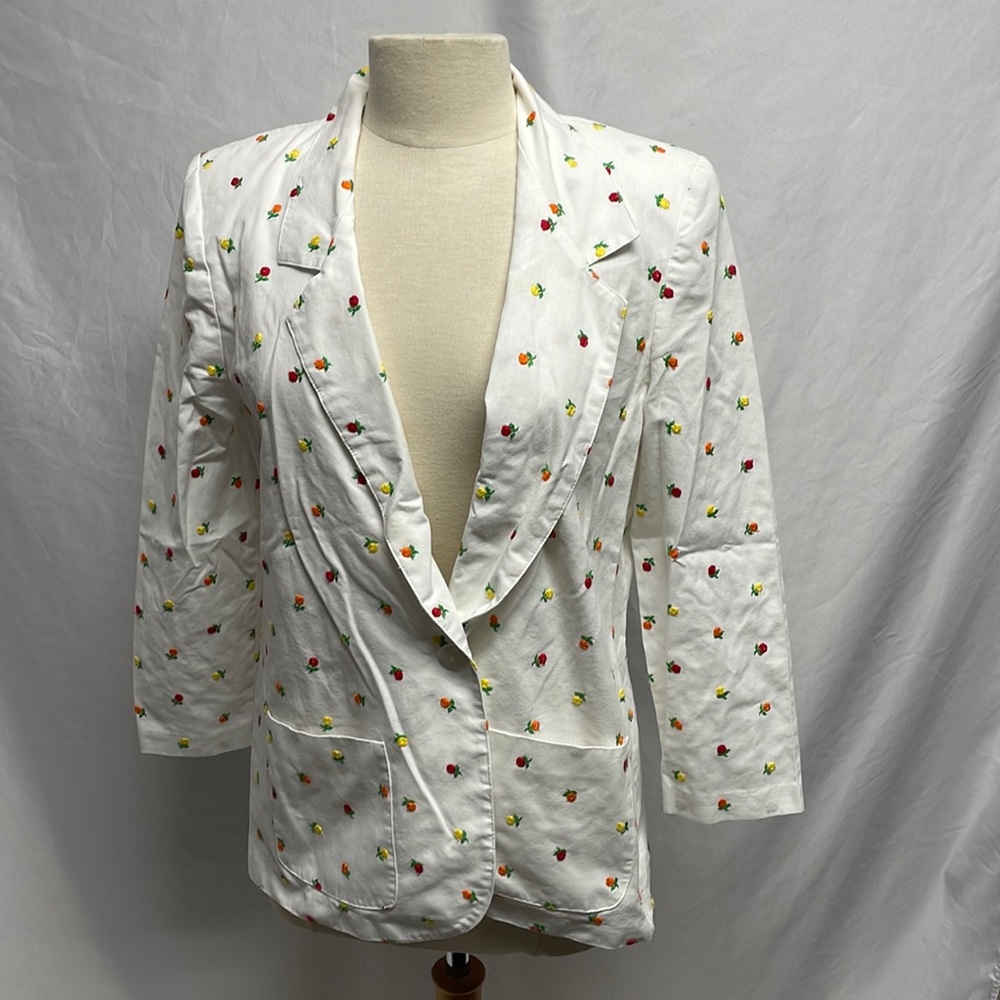 Vintage 80’s White Blazer with Red Orange Yellow Flowers and Shoulder Pads
